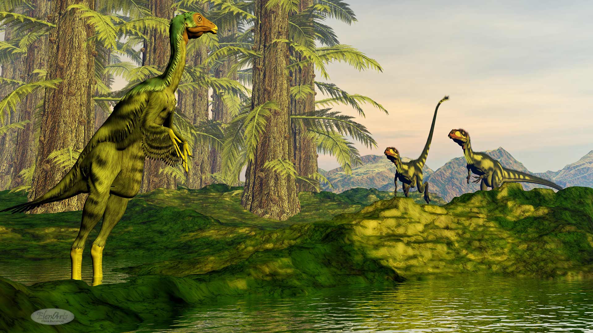 Caudipteryx and dilong dinosaurs – 3D render