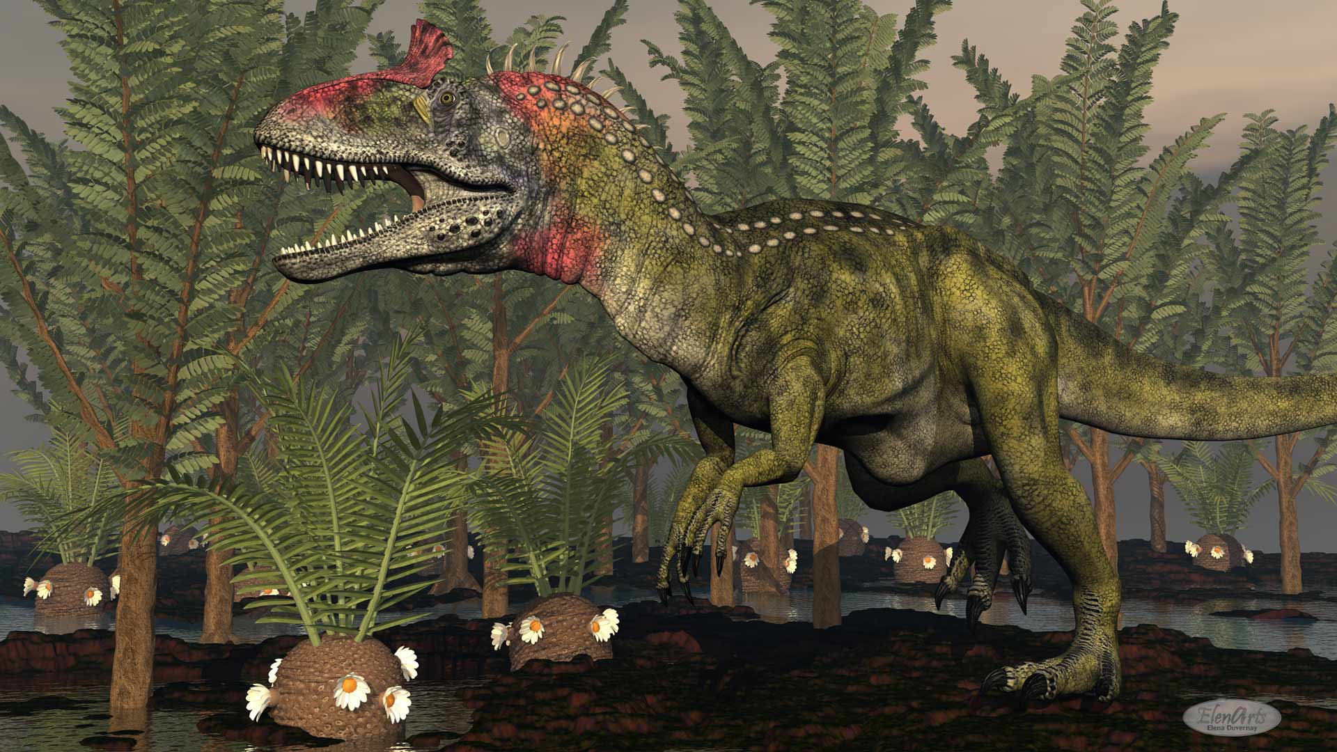 Cryolophosaurus dinosaur walking among pachypteris trees and cycaedeonea plant by cloudy night - 3D render