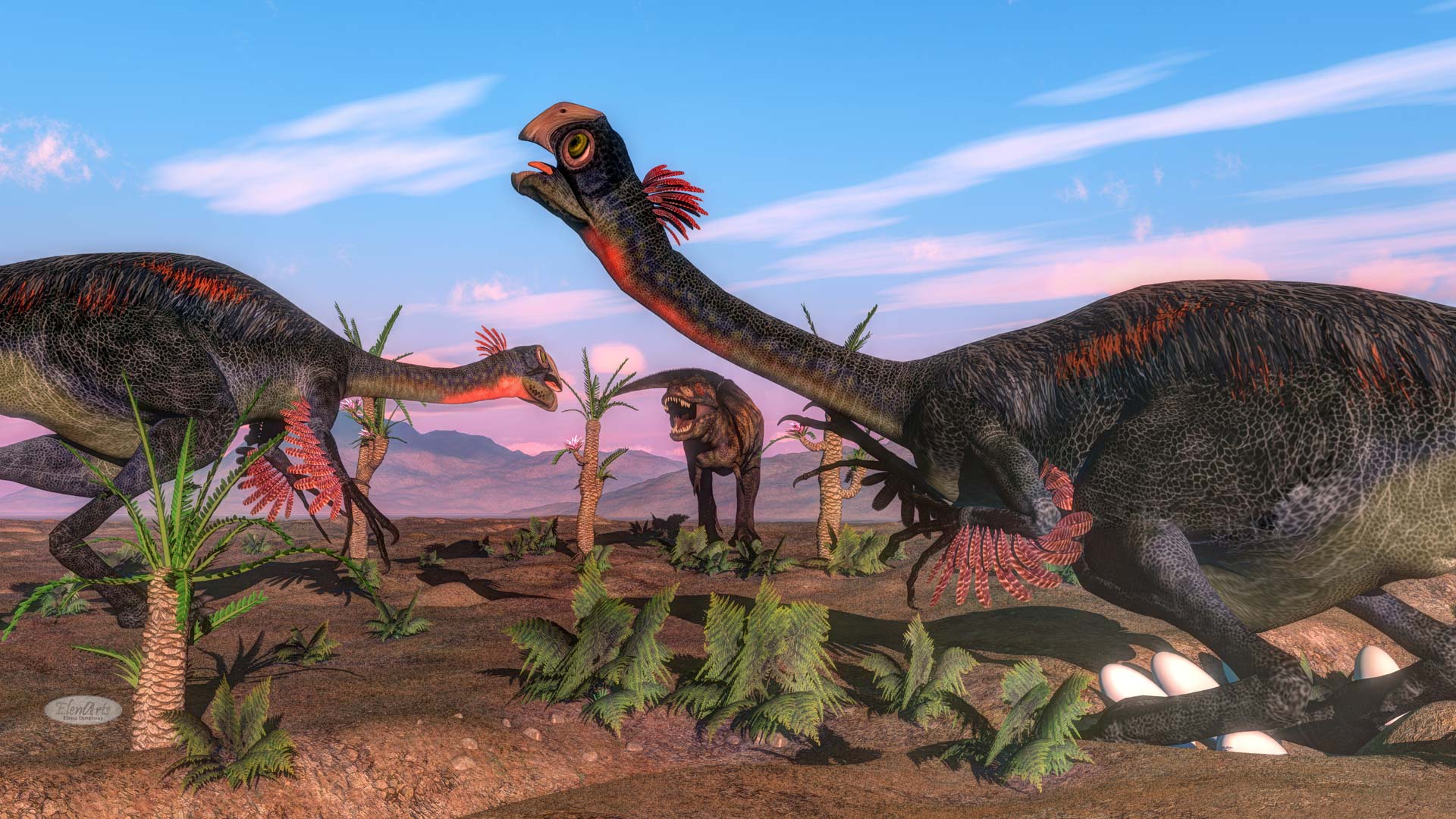 Tyrannosaurus rex attacking gigantoraptor dinosaurs and eggs by day - 3D render