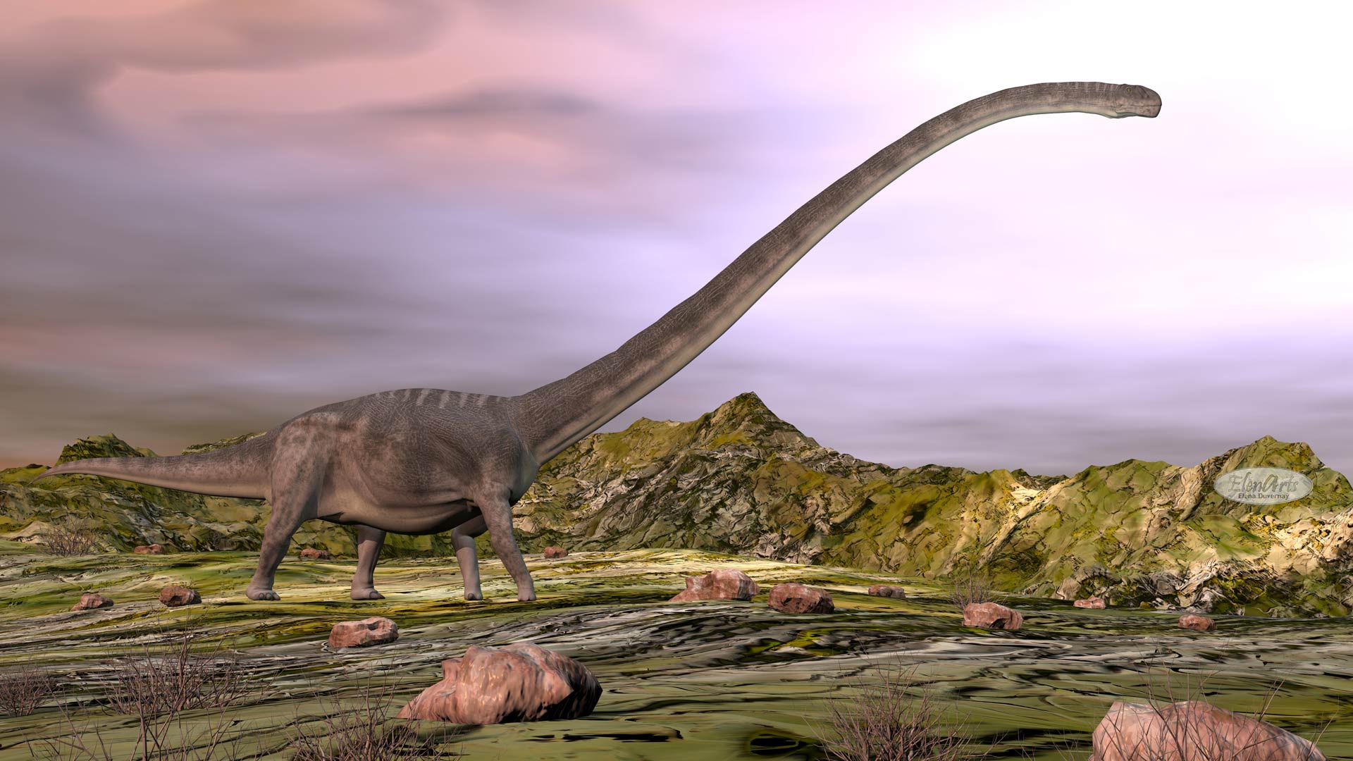 Omeisaurus walking in the desert – 3D render