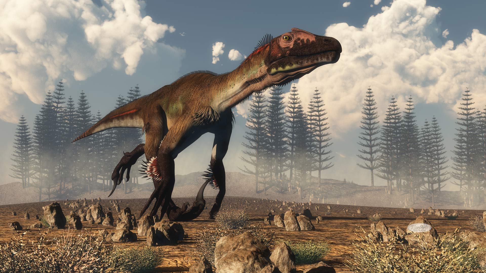 Utahraptor dinosaur running in the desert, calamite forest in the background - 3D render