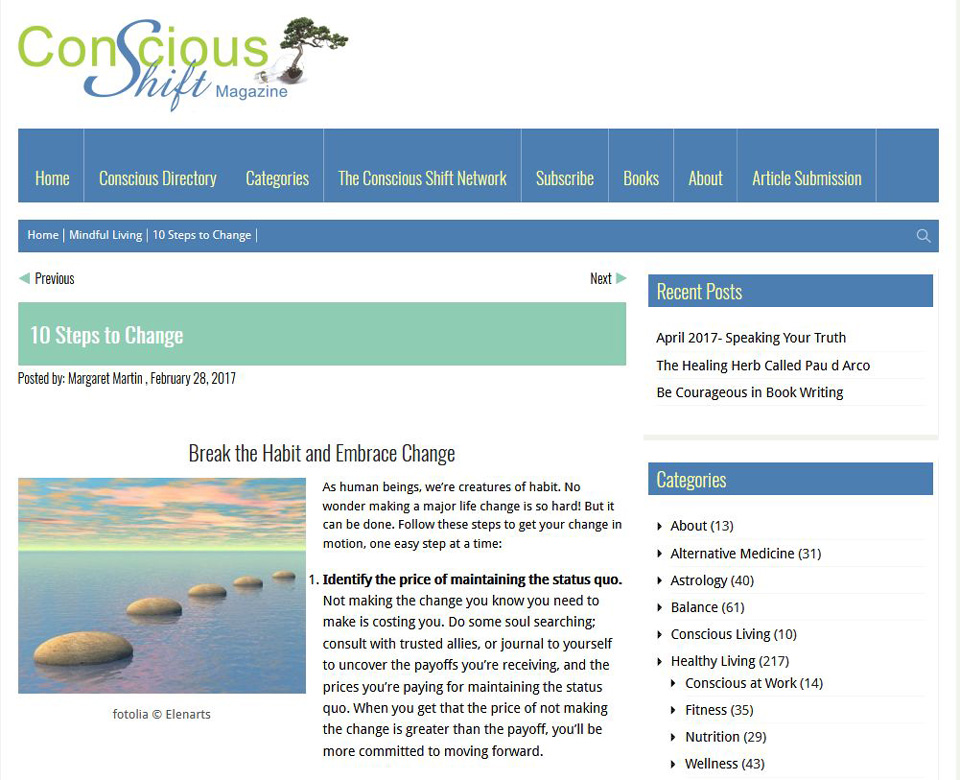 Conscious shift magazine website : steps to colorful sunset to illustrate an article about change