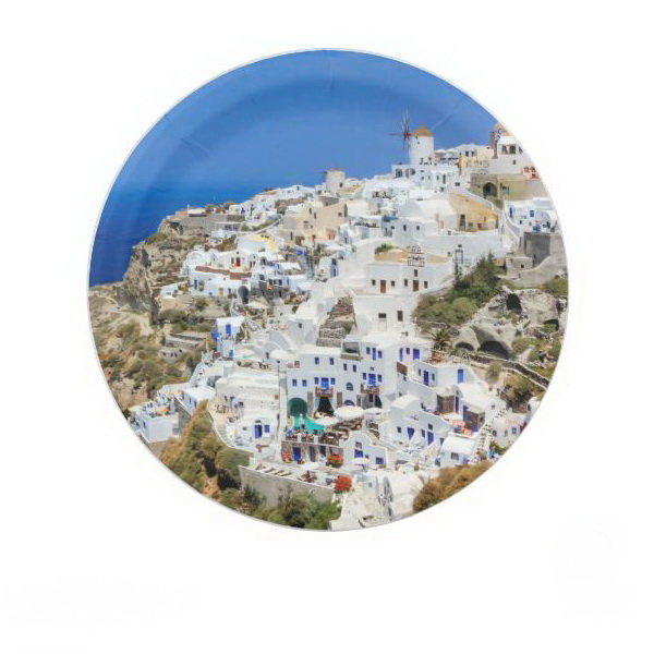 Oia village on Santorini island, north, Greece Paper Plate